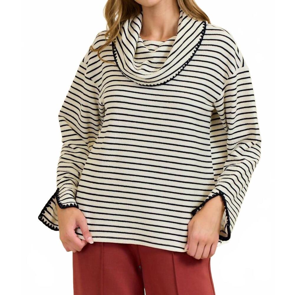 NEW DOE AND RAE avery stripe pullover in ivory & black